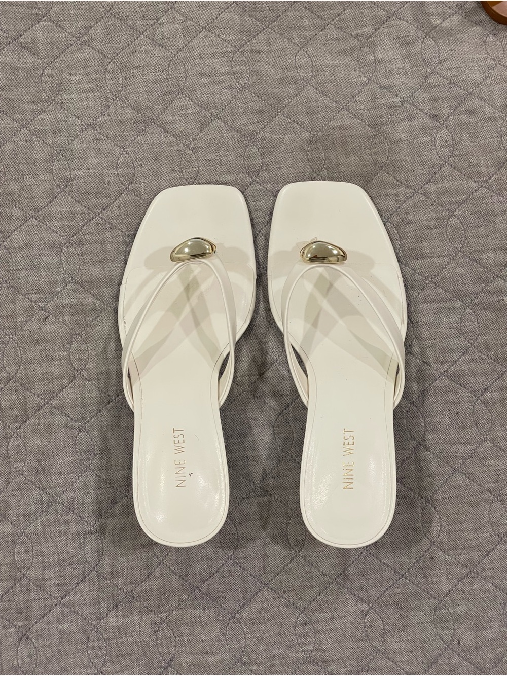 Nine West White Square-Toe Slip-On Mules with Gold Accent